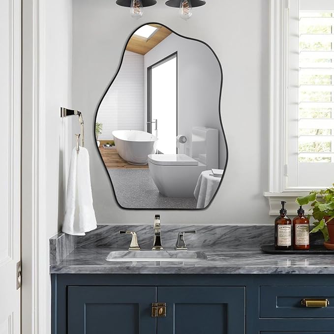 POZINO Irregular Shaped Mirror, 28"x20" Asymmetrical Mirror, Modern Wavy Mirrors, Funky Mirrors for Wall Decor Living Room Bathroom Bedroom Entryway