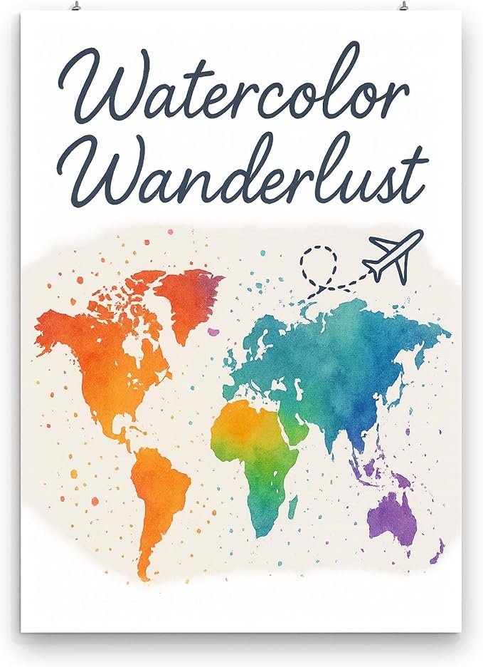 Travel World Map Poster - Handwritten Calligraphy Design - Gloss Paper Finish - Wall Art for Home Office or Nursery