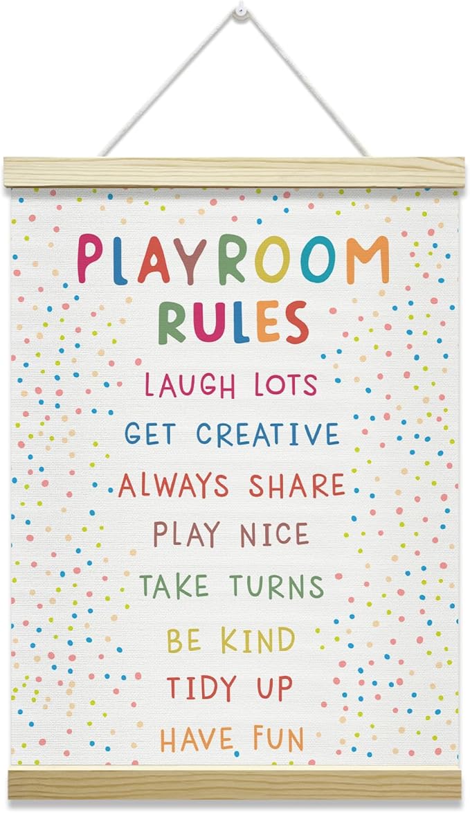 Nopoben Playroom Rules Poster Hanger Frame, Playroom Wall Art With Wooden Poster Hanger, Play Room Wall Decor, Classroom Kids Room Nursery Bedroom Decor(12x16 Inches)-22
