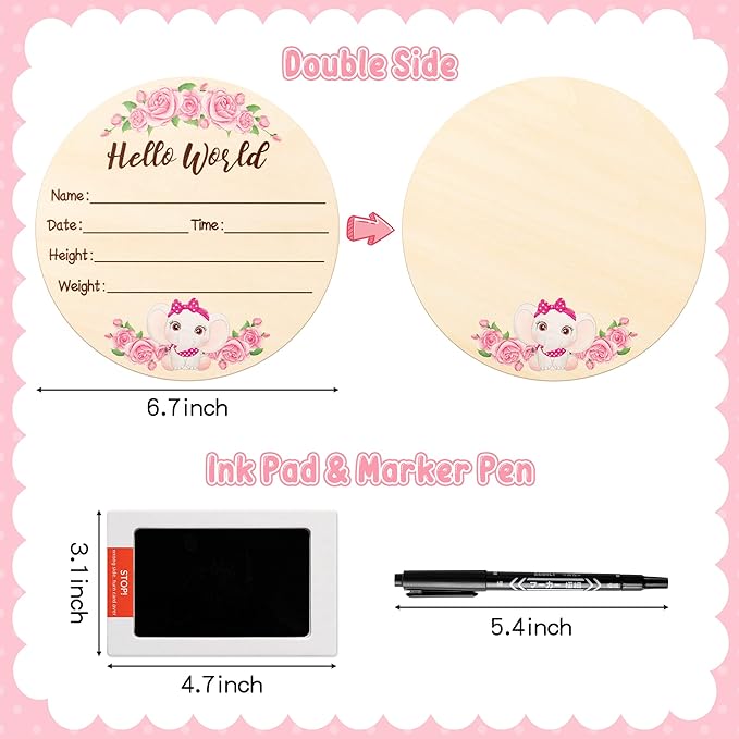 R HORSE Baby Birth Announcement Sign with Marker Pen, Pink Elephant Baby Name Sign with Ink Pad for Hand and Footprints, Wooden Hello World Newborn Announcement Nursery Decor Keepsake Gifts