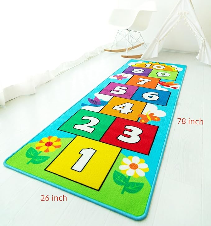 Hop & Count Hopscotch Rug for Kids, Floor Play Area Rug Game Carpet Crawl Jump Mat, Skid-Proof Backing, Great Gift for Boys Girls, Room Decor, Classic Hopscotch Rug for Preschool Playroom