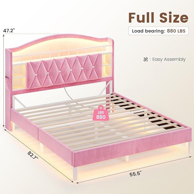 ADORNEVE Full Bed Frame with LED Lights, Princess Velvet Upholstered Platform Bed for Girls, Headboard with Charging Station & Guardrail & Crystal Button, No Box Spring Needed,Pink