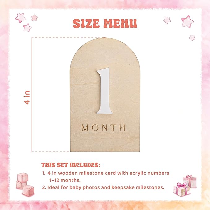 Baby Monthly Milestone Photo Sign, Wooden Floral Design with Pink Bows, Baby Girl Growth Tracker, 1-12 Months (Arch)