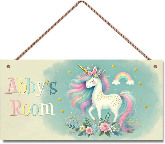 Personalized Unicorn Door Sign For Girls Bedroom Kids Nursery Wall Decor Custom Name Rainbow Art Wooden Plaque For Home Kitchen Garden Yard Wall Club Front Door Decor