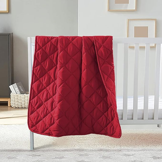 FLXXIE Machine Washable Microfiber Down Alternative Oversized Toddler Comforter, Super Soft and Lightweight Kids Crib Quilted Blanket for Stroller, Travel, 43x60 Inches, Red