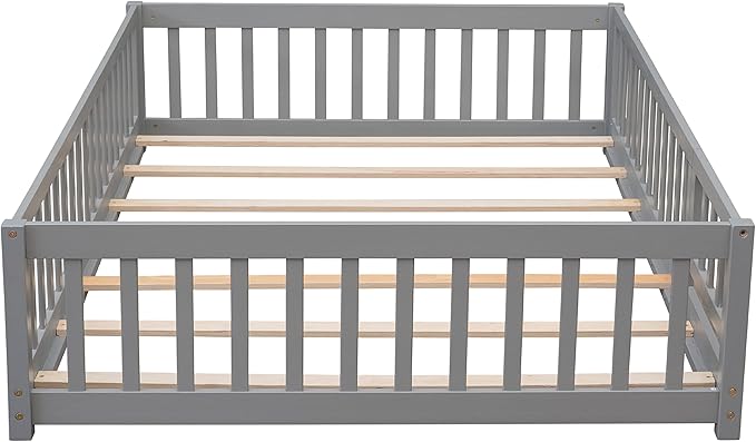 Full Size Montessori Floor Bed Frame with Convertible Door & Wood Slats for Kids,Wood Montessori Bed with Safety Guardrails for Girls & Boys,Grey