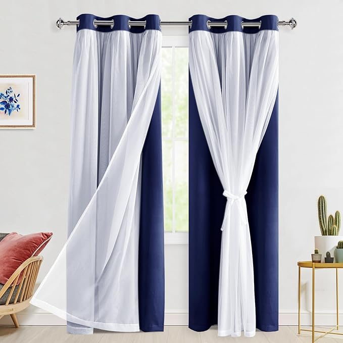 Hiasan Mix & Match Blackout Curtains with Sheer Overlay, Thermal Insulated Privacy Double Layer Room Darkening Window Curtains for Bedroom, Living Room, 2 Panels with Tiebacks, Navy Blue, 38W X 84L