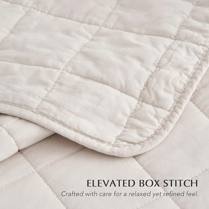 EVERGRACEHOME 100% Cotton Box Stitch Quilt Bedding Set Queen Size 3 Pieces, Garment-Washed Lightweight Soft Cozy Coverlet, Quilted Bedspread Sets with 2 Shams for All Season, Birch