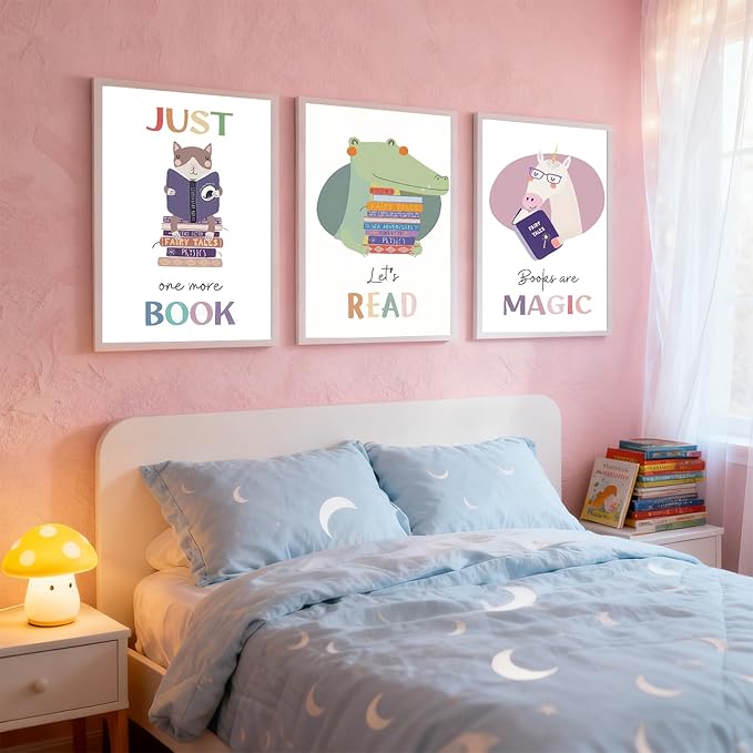 3Pcs Kids Reading Wall Art Children’s Educational Wall Decor Nursery Classroom Painting Cute Animal read Pictures Reading Corner Prints for Children’s Library Kids Room 16x24 Unframed Posters