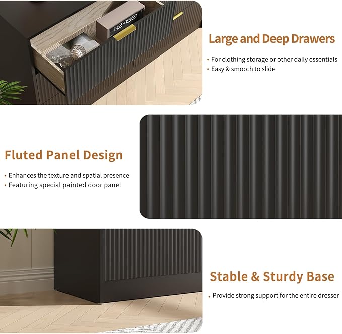 Black Dresser with 6 Deep Drawers, 55” Wide Fluted Dresser for Bedroom with Gold Handle, Modern Chest of Drawer for Closet, Bedroom, Living Room, Black