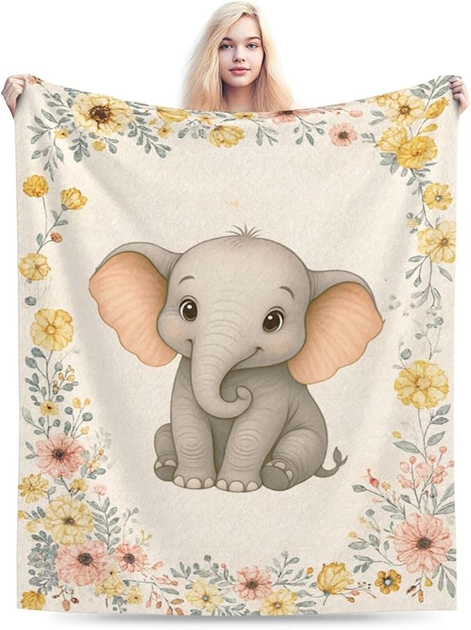 Elephant Blanket Cute Elephant Floral Throw Blanket Soft Cozy Fleece Fuzzy Plush Warm Stuff Bedding Nursery Toddler Baby Blankets Gifts for Boys Girls Kids Adult Men Women 60"X80"
