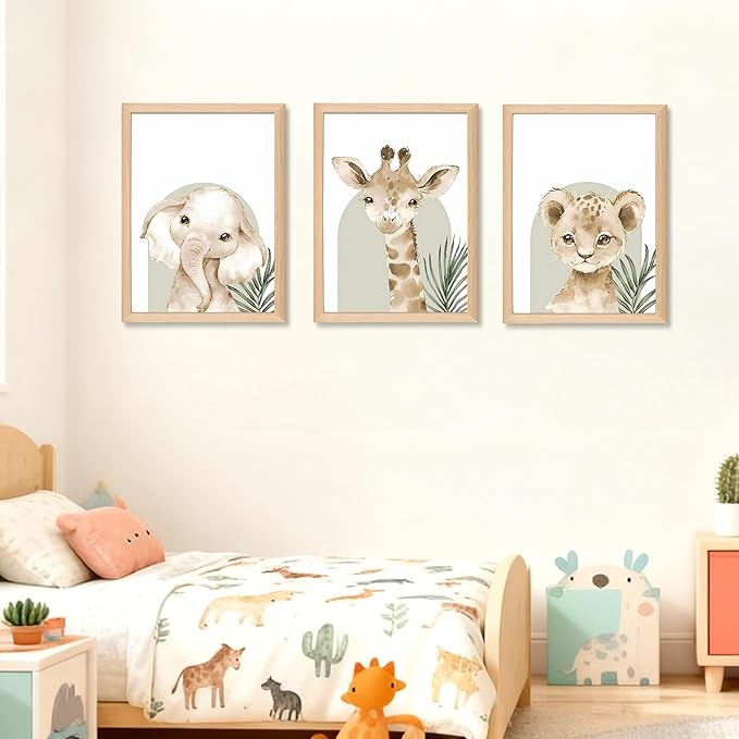 Framed Cute Animal Wall Art Nursery Decor Set of 3, Watercolor Elephant Giraffe Lion Canvas, Whimsical Wildlife Pictures Print, Nursery Wall Decor for Kids’ Bedroom Daycare – 16x24 inch