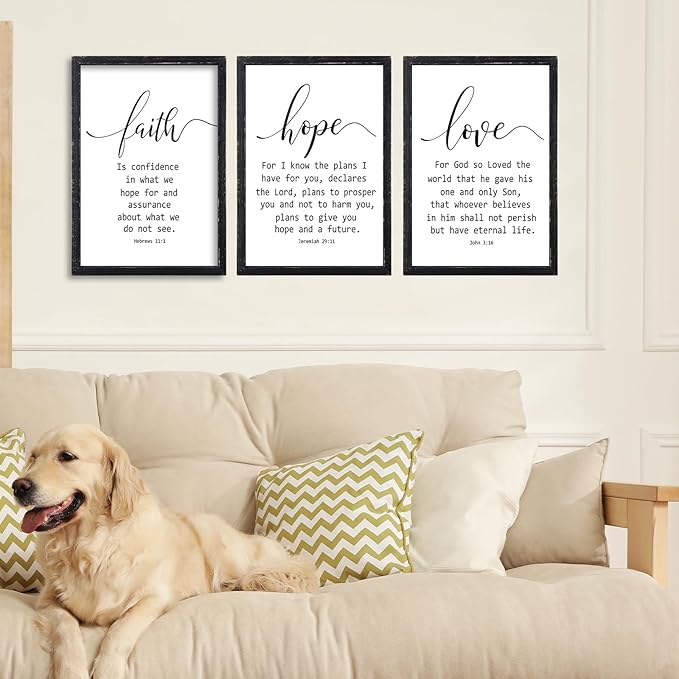 Faith Hope and Love Bible Verses Wall Decor Sign 16x11Inch Wood Framed Set of 3 Farmhouse Living Room Christian Faith Scripture Art Inspirational Religious Quote Love Wall Hanging (Black)