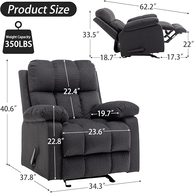 HOMEFLEX Modern Rocker Recliner Chair for Adults, Overstuffed Rocking Chairs for Nursery, Manual Swivel Recliners Armchair, Upholstered Fabric Rocker Sofa for Living Room, Bedroom (Black)