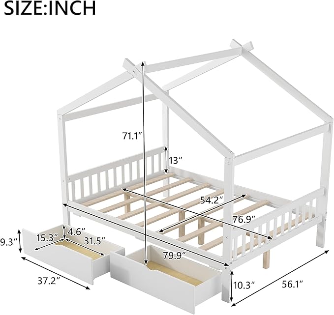 Harper & Bright Designs Full Size House Bed Frame for Kids, Wood Playhouse Platform Bed Frame with Two Drawers and Fence, Roof Design, White