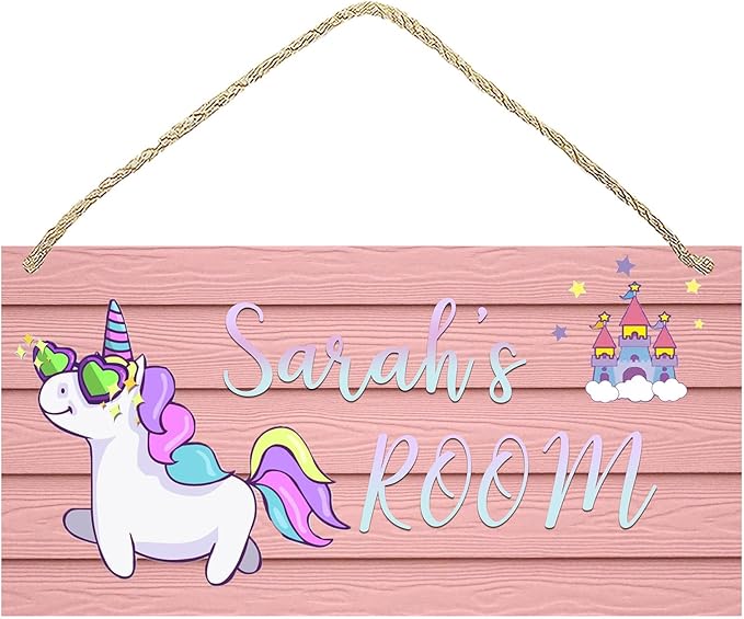 Personalized Name's Pretty Color-haired unicorn & castle Nursery Kid's Children's Girls Bedroom Door Sign Wood Plaque Sign Wall Decor Gift