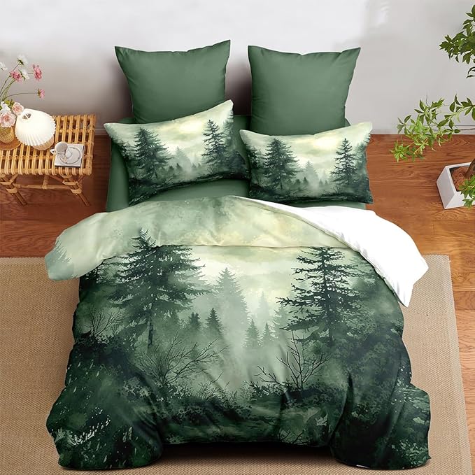 Pine Tree Duvet Cover Queen Size Forest Olive Green Duvet Cover Set Gradient Watercolor Botanical Bedding Set Soft Breathable Microfiber Comforter Cover(2 Pillowcases, No Comforter)