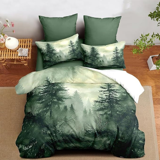 Pine Tree Duvet Cover Queen Size Forest Olive Green Duvet Cover Set Gradient Watercolor Botanical Bedding Set Soft Breathable Microfiber Comforter Cover(2 Pillowcases, No Comforter)