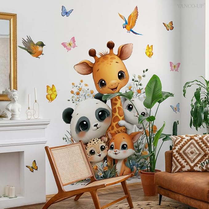 Jungle Safari Friends Wall Decal - Large 47" Animal Wall Sticker Set with Giraffe, Panda, Leopard for Kids Room, Removable Nursery Decor with Butterflies & Flowers, Playroom & Kindergarten Mural