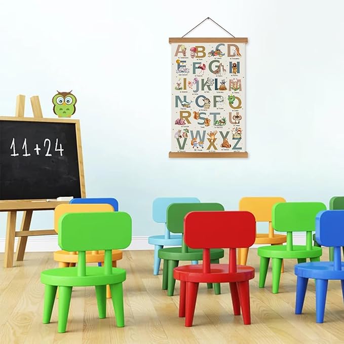 KAIRNE Alphabet Poster With Wood Magnetic Hanging Framed(35CMx56CM) Kids Growth Mindset Canvas Hang Signs,Emotions Learning Prints Classroom Decor Animal ABC Wall Art for Playroom Nursery Decor
