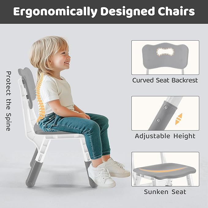 Kids Table & Chairs Set (2 Chairs) Height Adjustable for Ages 2-8 | Non-Slip Toddler Activity Table with Wipe-Clean Desktop, Montessori Learning & Art Drawing Tables for Home Preschool