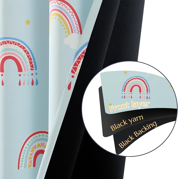 Vangao Boho Girls Blackout Curtains Pastel Blue for Kids Room 63 Inch Length, Rainbow Window Drapes for Living Room Nursery Thermal Grommet Insulated Room Darkening Curtains Bedroom, 2 Panels