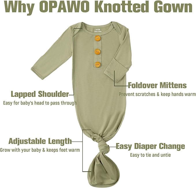 OPAWO Knotted Gown Baby Newborn Sleepers Baby Boy Coming Home Outfit, Bamboo Viscose Baby Gowns with Mitten Cuffs and Hat Set