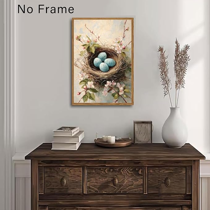 Vintage Bird's Nest Wall Art Pink Flower Painting Spring Bird Prints Watercolor Wildflower Prints Watercolor Botanical Poster Abstract Animal Picture Abstract Bird Egg Poster 16x24inch Frameless
