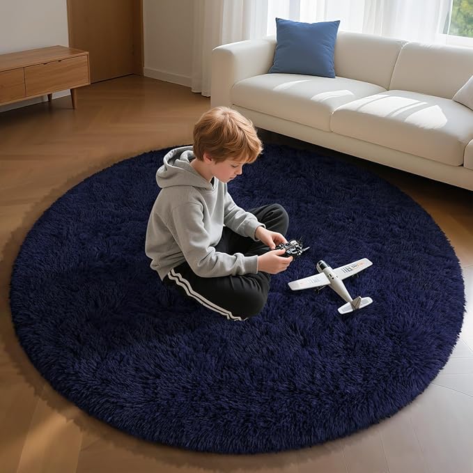 EVOIONOS Navy Blue Round Rug for Bedroom, 4x4 Ft Fluffy Soft Circle Area Rugs for Living Room, Plush Shaggy Circular Carpet for Indoor Floor Bedside Kids Nursery, Machine-Washable Home Decor Aesthetic