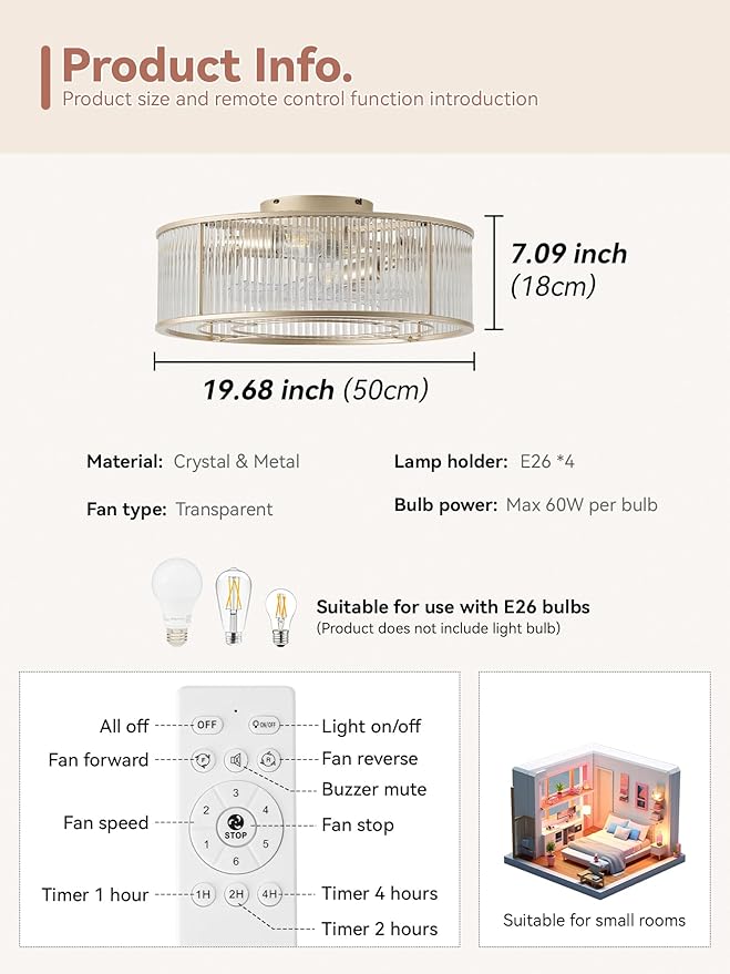 Low Profile Ceiling Fans with Lights, 20" Gold Crystal Ceiling Fan with Light Flush Mount and Remote Control, Drum Caged with 6 Speeds for Bedroom, Nursery, Living Room (Gold Crystal)