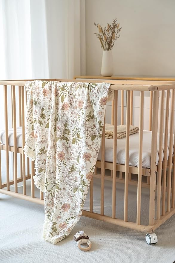 Little Jump Cotton Muslin Swaddle Blankets with Tassel, Boho Bohimia Muslin Baby Blanket Neutral with Fringe, Vintage Teddy Bear Nursery Decor Muslin Throw Blanket 47" x40" (Vintage Blossom)