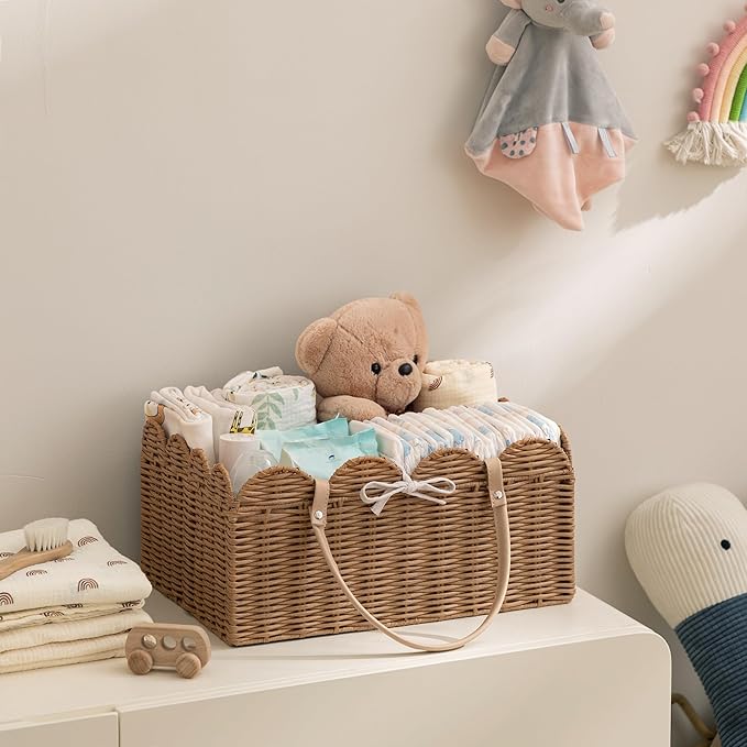 HBlife Baby Diaper Caddy Organizer, Washable Waterproof, Large Portable Scalloped Wicker Woven Basket with Divider, Nursery Diaper Station, Baby Shower Gifts Basket - Newborn Essentials, Car Organizer