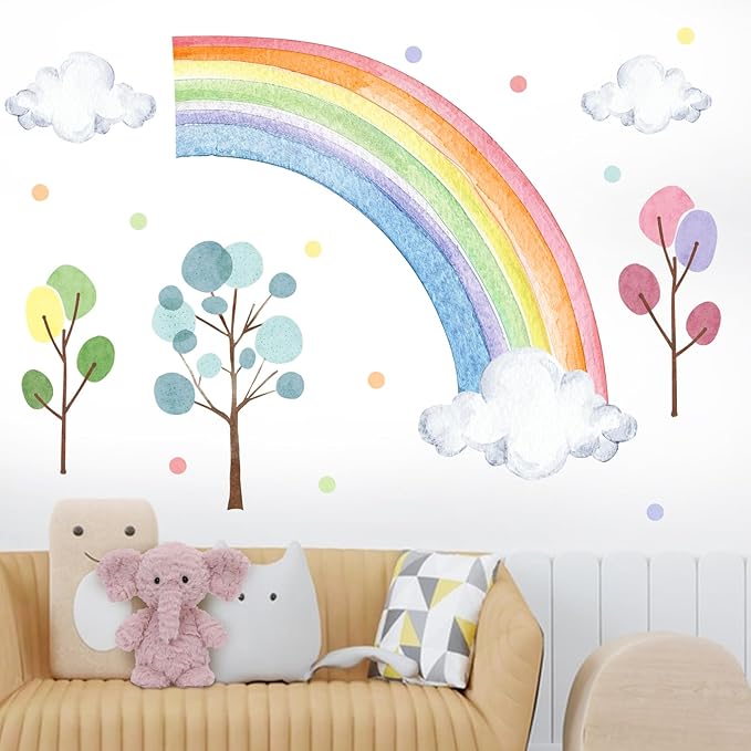 Mfault Watercolor Rainbow Wall Decals Stickers, Pastel Cloud Tree Polka Dots Baby Nursery Decor Bedroom Art, Cute Kids Toddler Room Playroom Home Decorations