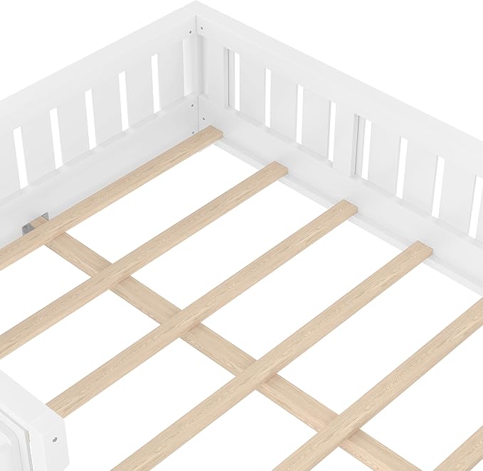 Bellemave Full Size Floor Bed with high Rails and with Built-in Bookshelf for Kids, Girls, Boys, Wood Montessori Floor Bed Without Door, White