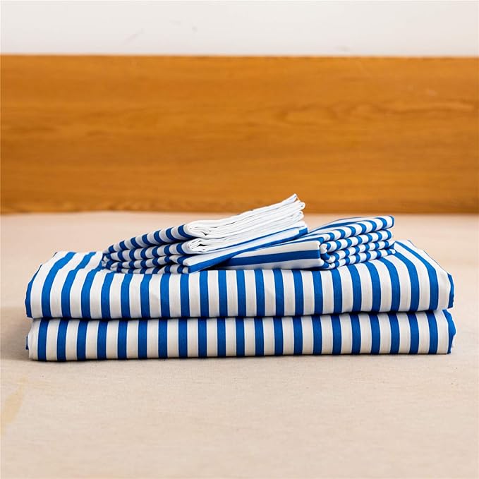 JELLYMONI 100% Natural Cotton 3pcs Striped Duvet Cover Sets,White Duvet Cover with Blue Stripes Pattern Printed Comforter Cover,with Zipper Closure & Corner Ties(King Size)
