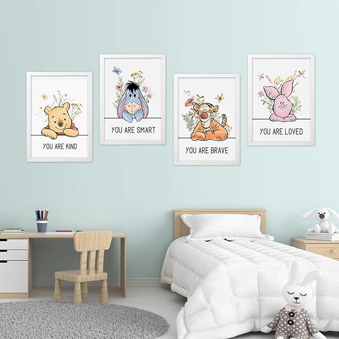Cute Winnie the Pooh Quote Framed Wall Art Set of 4, Boho Educational You are Brave Strong Smart Kind Wooden Saying Sign, Preschool Inspirational Nursery Wall Decor for Baby Girl Kid Boy Toddlers