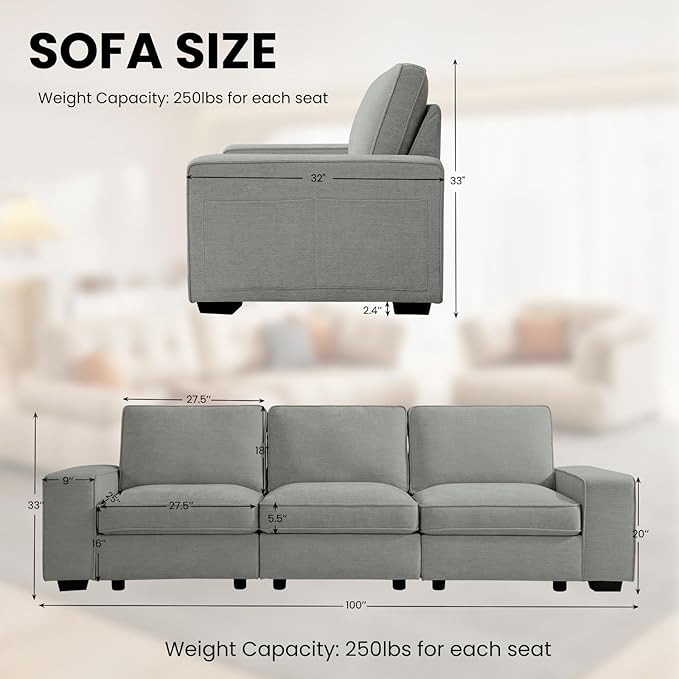TEKAMON 100" Modular Sofa with Seats Storage, Comfy 3-Seater Chenille Fabric Couch for Living Room, Office, Apart W/Deep Seat, USB Charging, Upholstered Couch with Removable Cover(Light Grey)