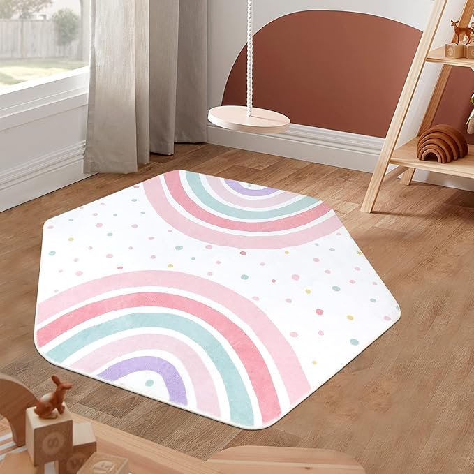 STARUIA Pink Rainbow Rug for Playroom, 55"x47" Washable Hexagon Kids Rug for Baby Girls Princess Tent Castle, Non-Slip Nursery Rugs Ultra Soft Play Carpet for Bedroom Classroom Dorm