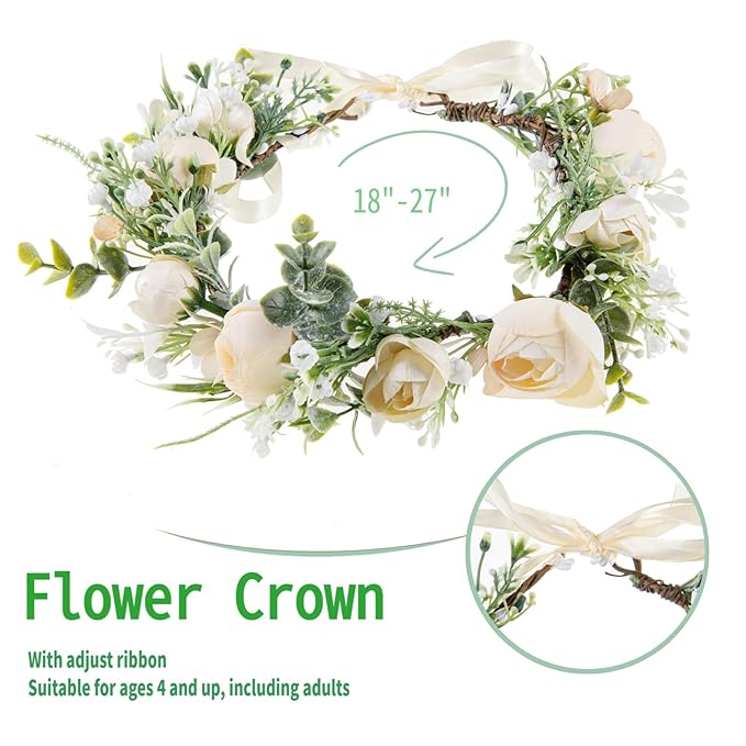 DreamLily Girls Camellias Flower Crown Birthday Photo Pops Hair Wreath Wedding Festival Floral Headpiece XM11 (A-Champagne)