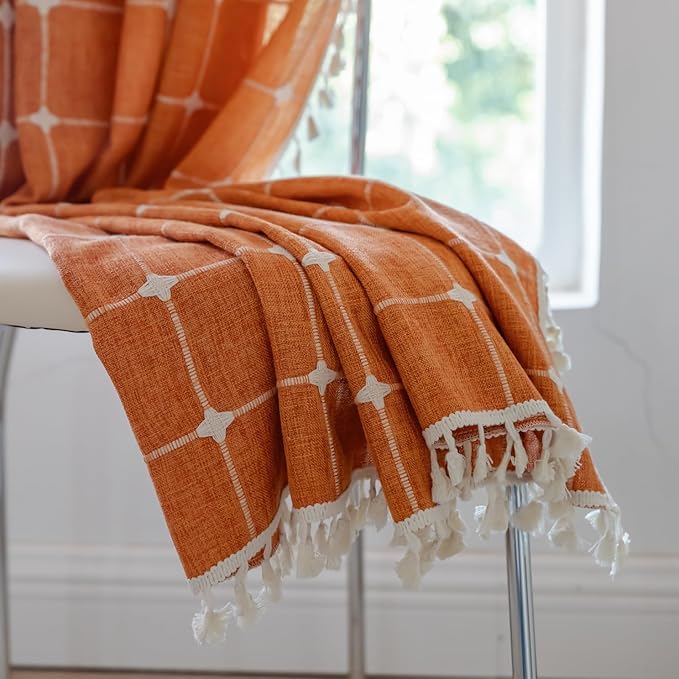 Deeprove Boho Curtains 96 Inches Long for Bedroom Living Room, Cotton Linen Plaids Textured Semi Blackout Bohemian Farmhouse Fall Window Treatment Grids Drape Tassels, 1 Panel W52 x 96, Burnt Orange