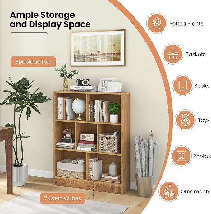 Costzon 7-Cube Bookshelf for Kids, Wooden Toy Storage Organizer w/ 2 Anti-Toppling Kits, 3 Tier Open Shelves & Non-Slip Foot Pads, Montessori Toy Shelf for Kids Rooms, Playroom, Classroom, Nursery
