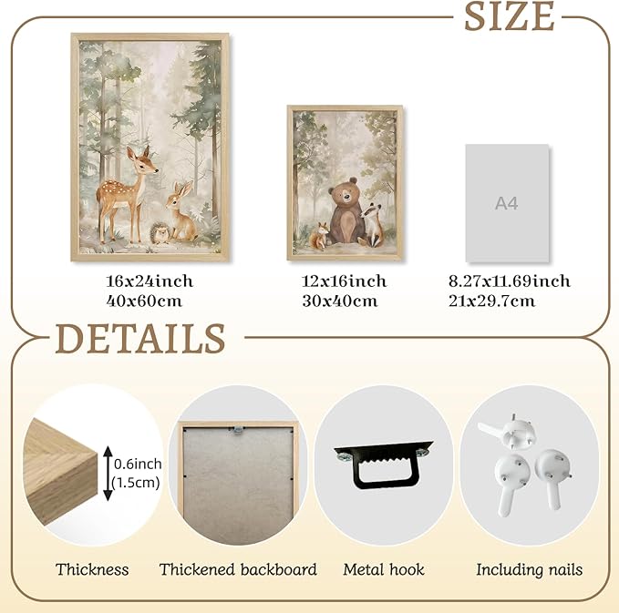 LLEEMPI Woodland Nursery Wall Decor Set of 3, Cute Forest Animal Wall Art, Bear Fox Deer Watercolor Canvas Prints, Vintage Nature Poster Prints for Kids Bedroom Bathroom Playroom Wood Framed 12x16 Inch