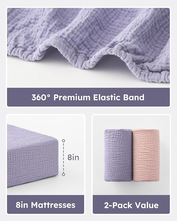 Muslin Crib Sheets for Boys Girls, 100% Cotton Fitted Crib Sheet 2 Pack for Standard Crib and Toddler Mattress, Breathable Soft Baby Sheet 28x52x8in Pink & Purple