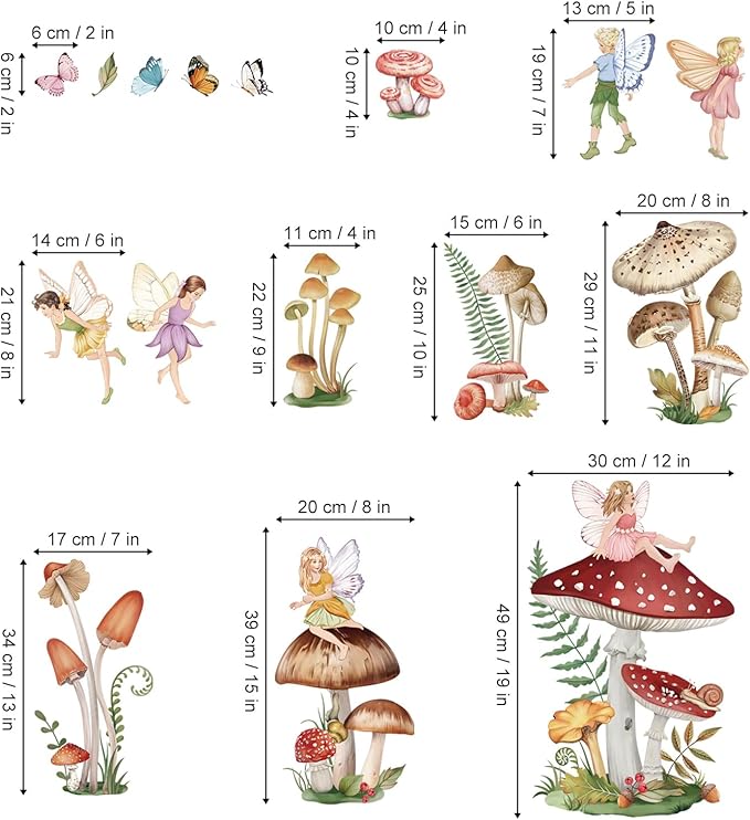 wondever Woodland Mushroom Wall Decals Fairy Butterfly Forest Peel and Stick Wall Art Stickers for Girls Bedroom Baby Nursery Living Room