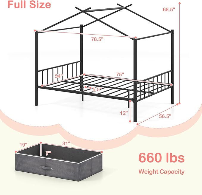 Giantex Full Size House Bed with 2 Storage Drawers, Metal Montessori Bed Frame with Headboard & Footboard, Full House Beds for Kids Girls Boys, No Box Spring Needed, Noise Free (Black)