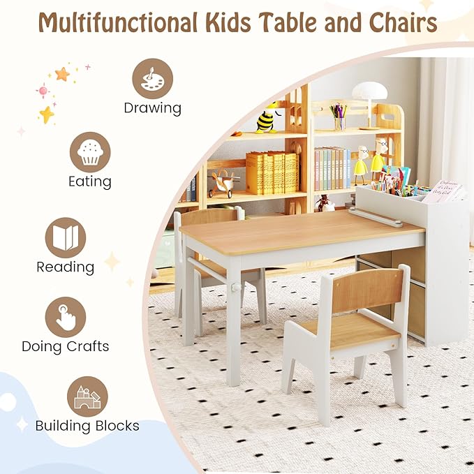 Costzon Kids Table and Chairs, 3 in 1 Wooden Art Drawing Table with 2 Chairs, 4 Fabric Bins, Multiple Open Storage Compartments & a Paper Roll, Toddler Table and Chair Set (Natural)