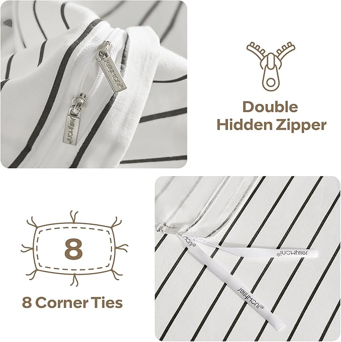 JELLYMONI 100% Natural Cotton 3pcs Striped Duvet Cover Sets, White Duvet Cover with Thin Black Stripes Pattern Printed Comforter Cover, with Zipper Closure & Corner Ties(Queen Size)