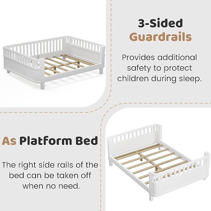 Full Size Kids Bed with Rails, Wood Montessori FloorBed Full with Slats Support, Modern Daybed Low to Ground for Girls Boys Bedroom Living Room, White
