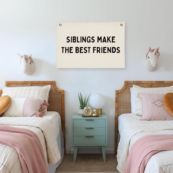 Kids Room Decor Playroom Banner, Siblings Make the Best Friends Linen Canvas Banner Wall Hanging Flag, Boys Girls Nursery Decor 20x30