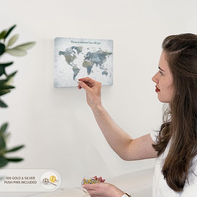 ElephantStock - Home With You II Push Pin World Map Wall Art - Horizontal Canvas Wall Art - Living Room Wall Decor - Digital Art Map Canvas Art - Blue And Gray Decor - 12" x 8"